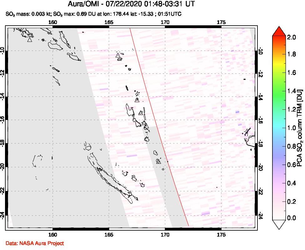 A sulfur dioxide image over Vanuatu, South Pacific on Jul 22, 2020.