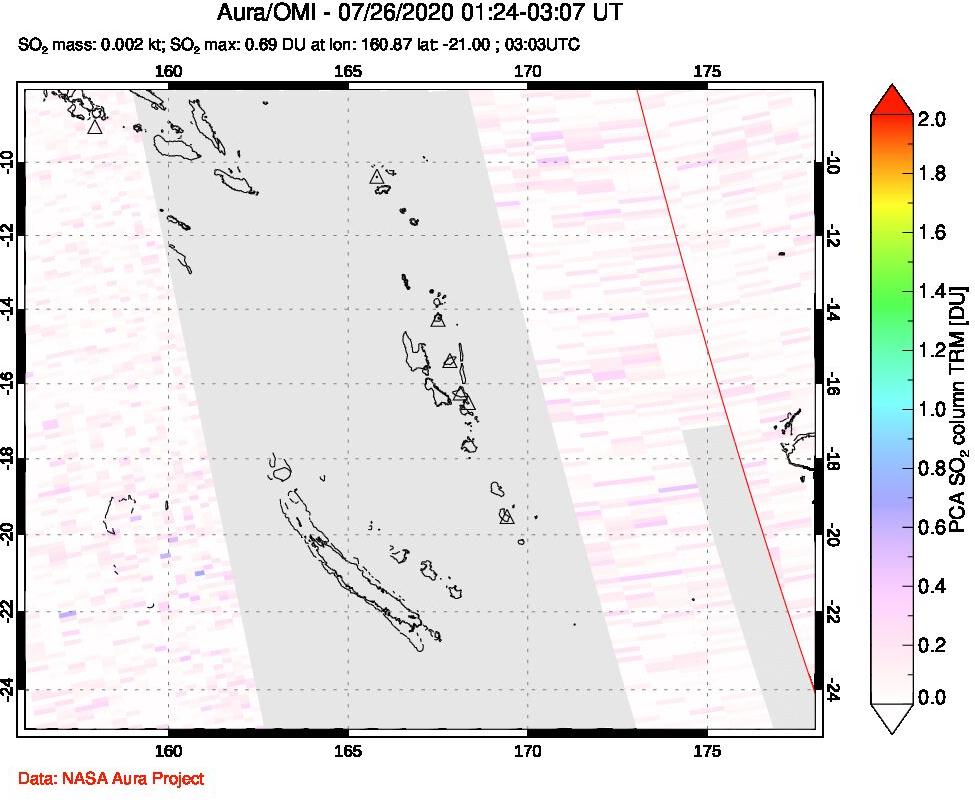 A sulfur dioxide image over Vanuatu, South Pacific on Jul 26, 2020.