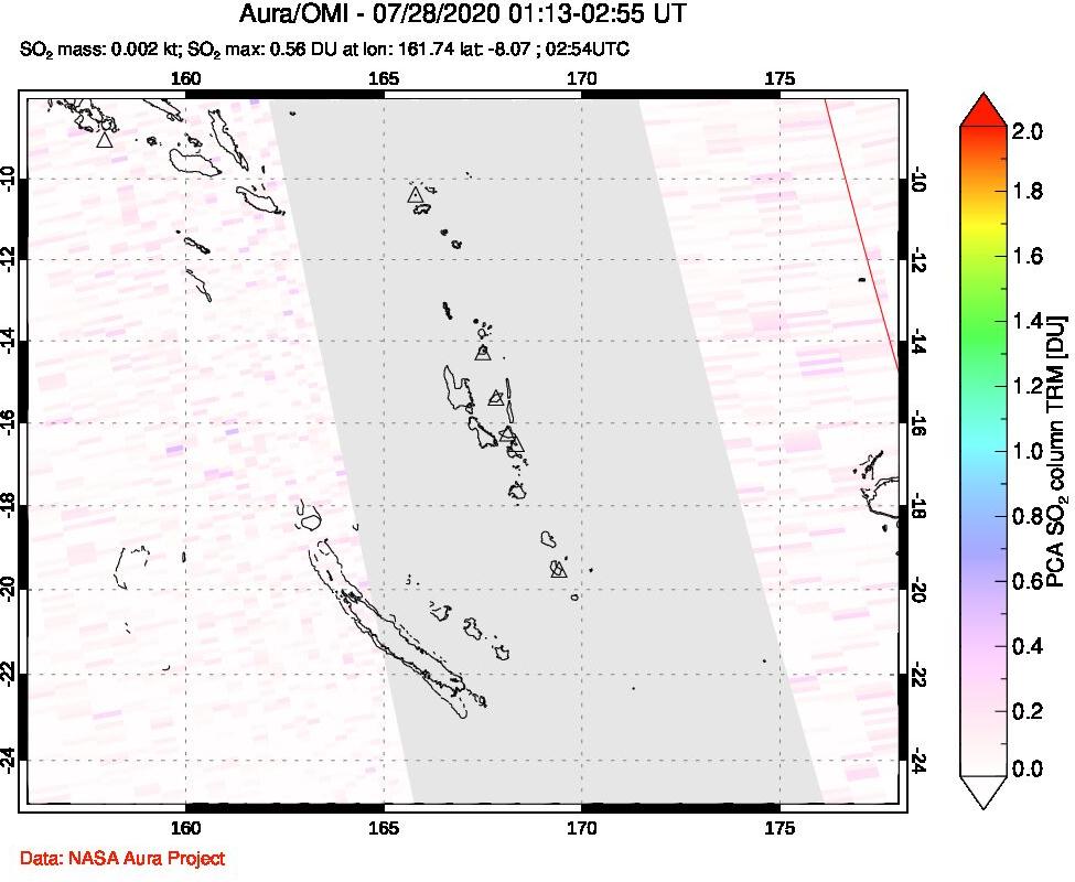 A sulfur dioxide image over Vanuatu, South Pacific on Jul 28, 2020.