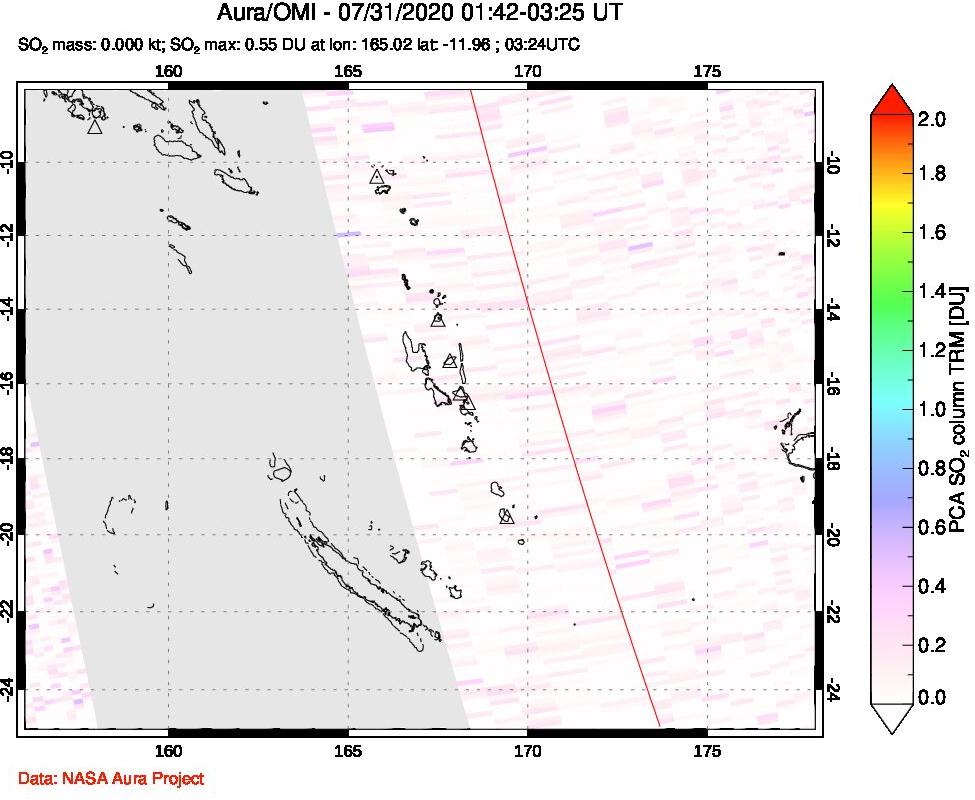 A sulfur dioxide image over Vanuatu, South Pacific on Jul 31, 2020.