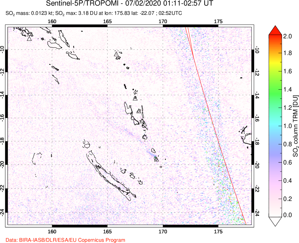A sulfur dioxide image over Vanuatu, South Pacific on Jul 02, 2020.