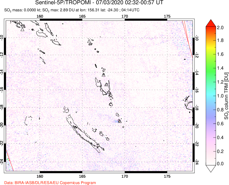 A sulfur dioxide image over Vanuatu, South Pacific on Jul 03, 2020.