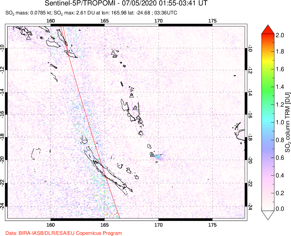 A sulfur dioxide image over Vanuatu, South Pacific on Jul 05, 2020.