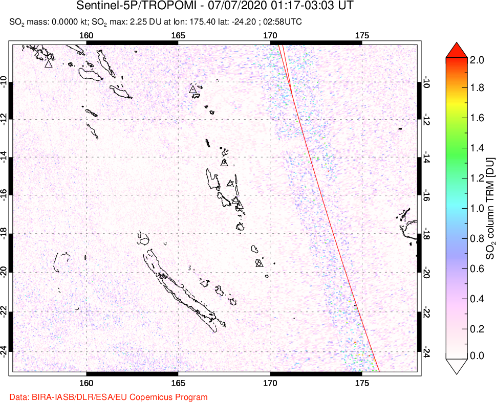 A sulfur dioxide image over Vanuatu, South Pacific on Jul 07, 2020.