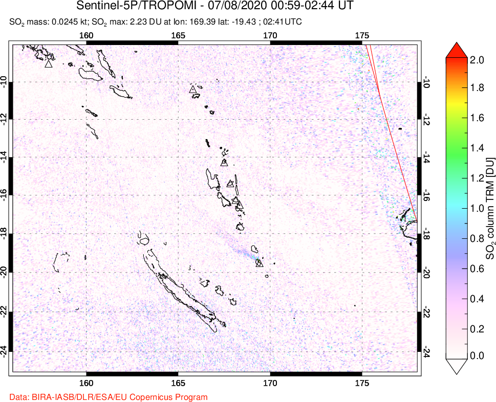 A sulfur dioxide image over Vanuatu, South Pacific on Jul 08, 2020.