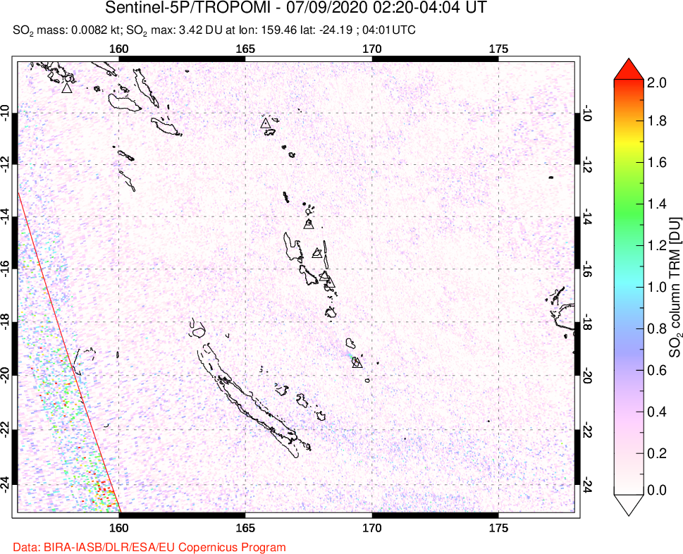 A sulfur dioxide image over Vanuatu, South Pacific on Jul 09, 2020.