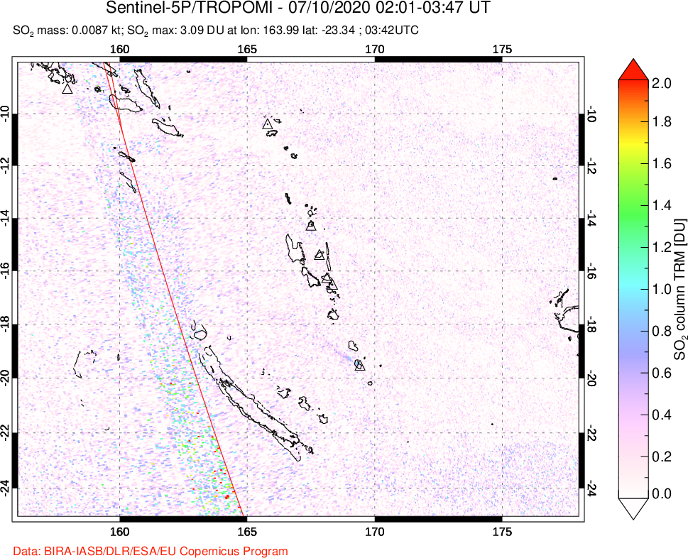 A sulfur dioxide image over Vanuatu, South Pacific on Jul 10, 2020.