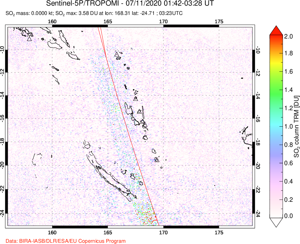A sulfur dioxide image over Vanuatu, South Pacific on Jul 11, 2020.
