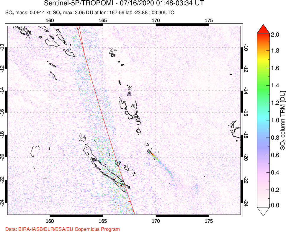A sulfur dioxide image over Vanuatu, South Pacific on Jul 16, 2020.