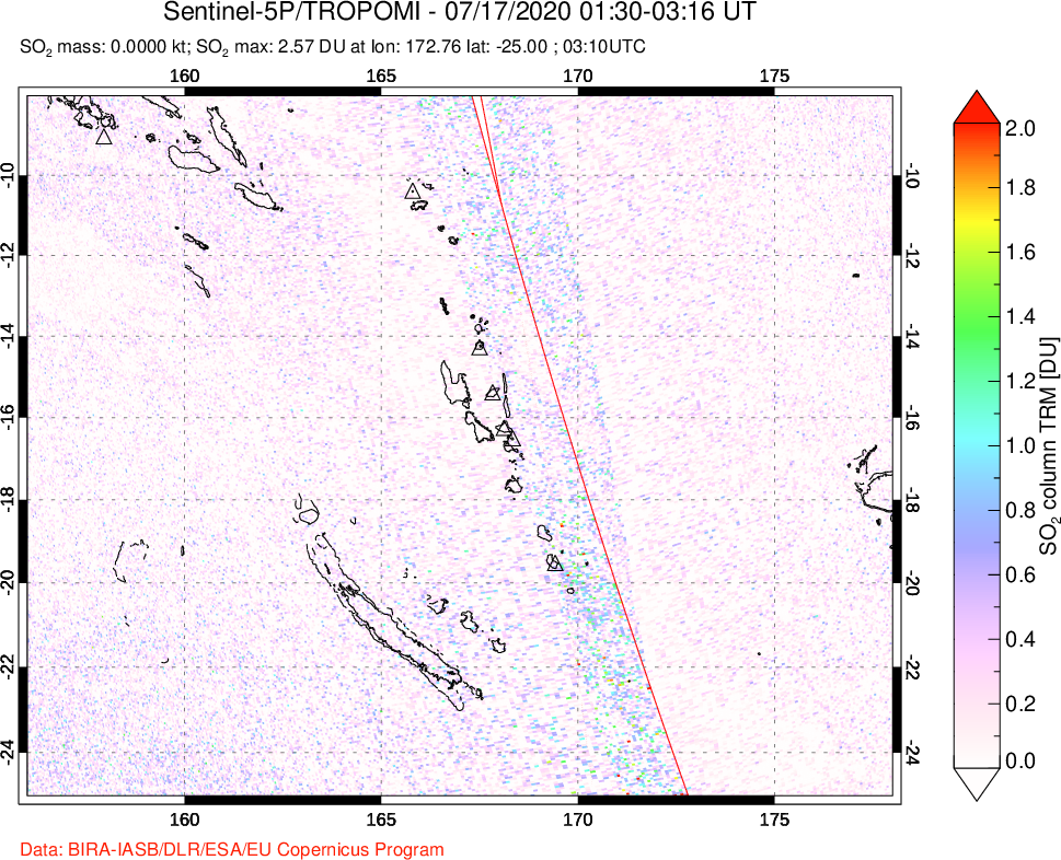 A sulfur dioxide image over Vanuatu, South Pacific on Jul 17, 2020.