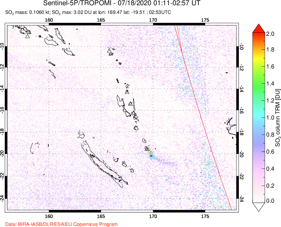 A sulfur dioxide image over Vanuatu, South Pacific on Jul 18, 2020.