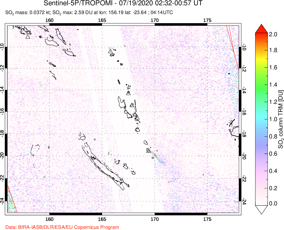 A sulfur dioxide image over Vanuatu, South Pacific on Jul 19, 2020.