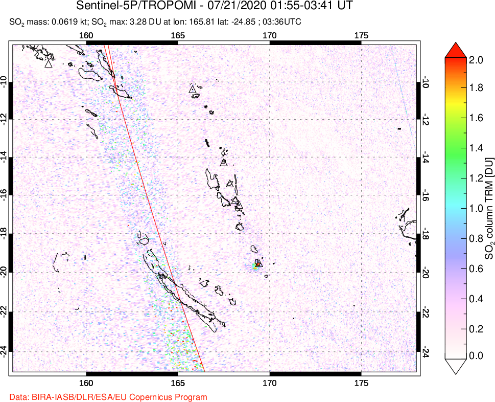 A sulfur dioxide image over Vanuatu, South Pacific on Jul 21, 2020.