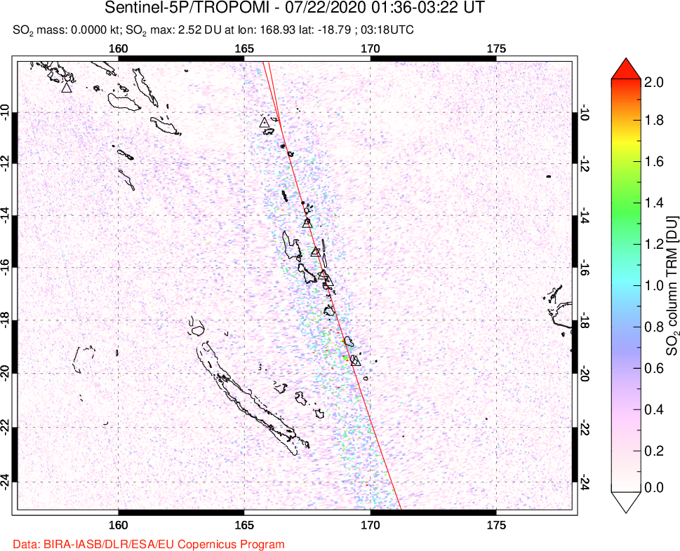A sulfur dioxide image over Vanuatu, South Pacific on Jul 22, 2020.