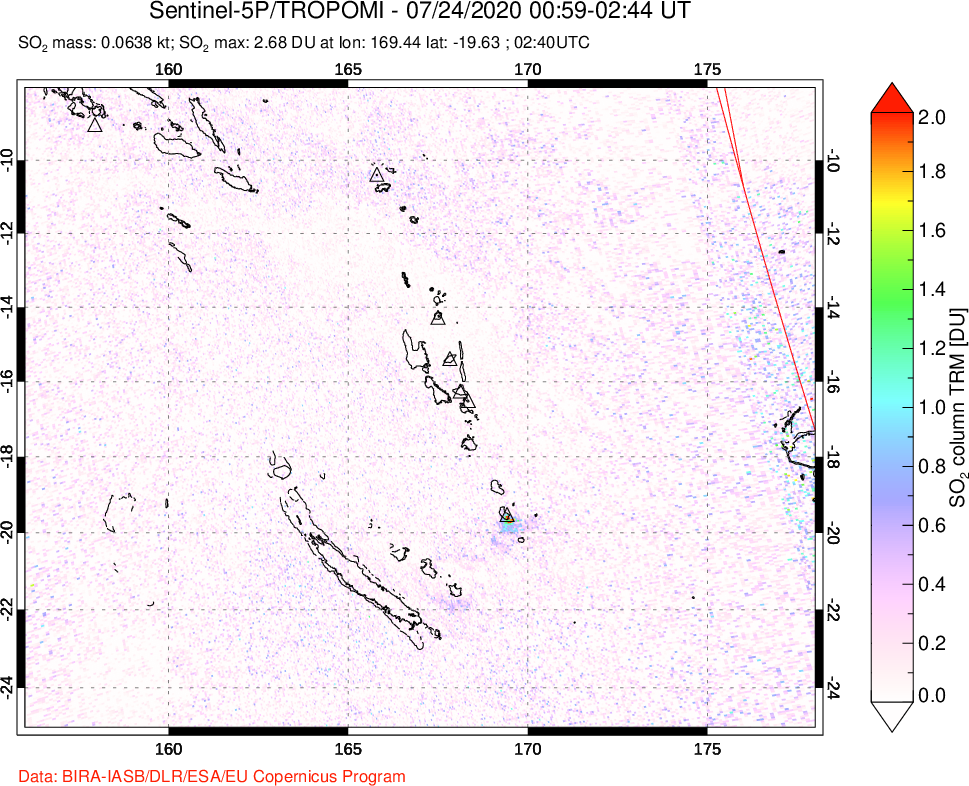 A sulfur dioxide image over Vanuatu, South Pacific on Jul 24, 2020.