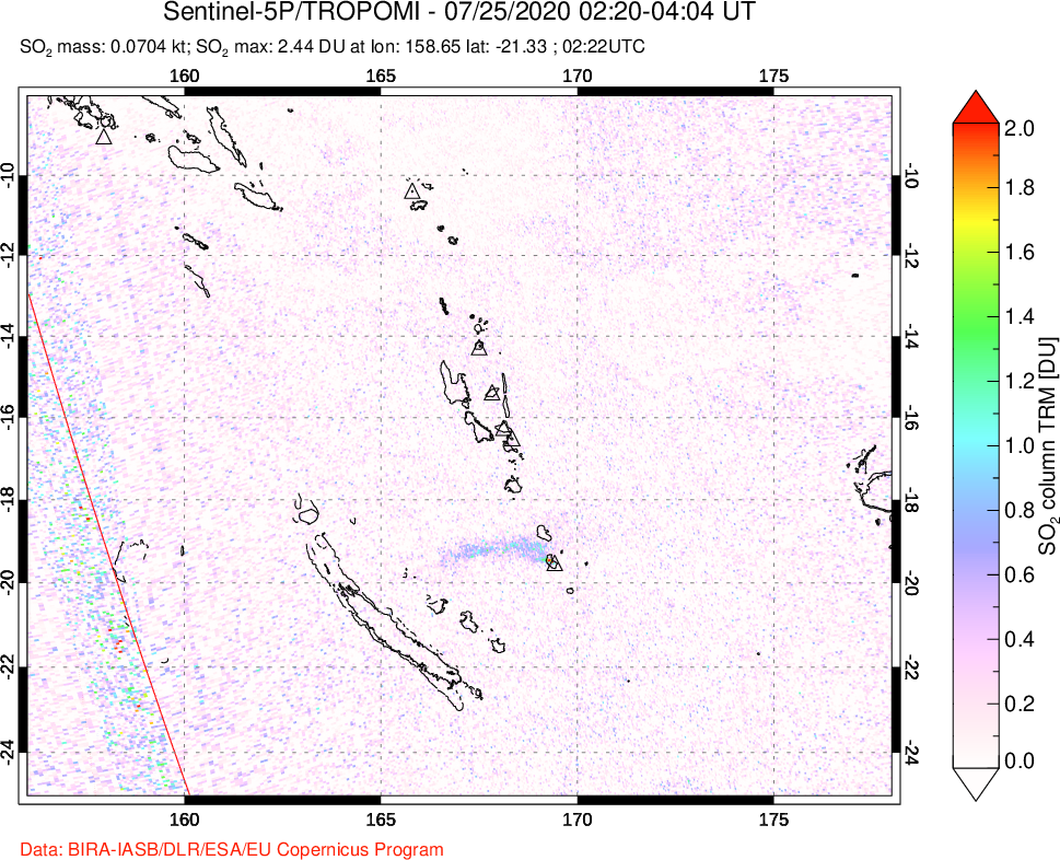A sulfur dioxide image over Vanuatu, South Pacific on Jul 25, 2020.
