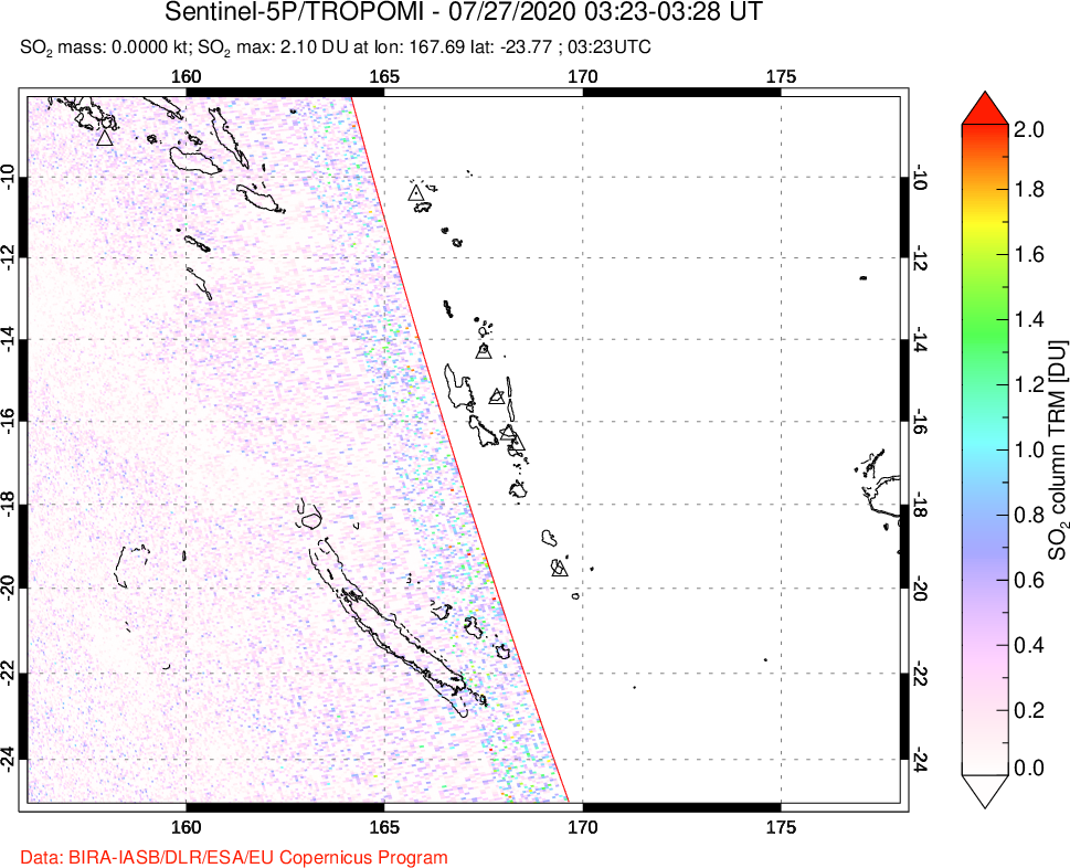 A sulfur dioxide image over Vanuatu, South Pacific on Jul 27, 2020.