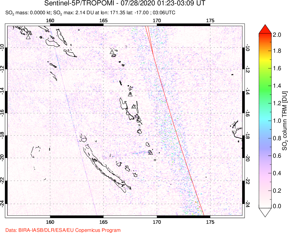 A sulfur dioxide image over Vanuatu, South Pacific on Jul 28, 2020.