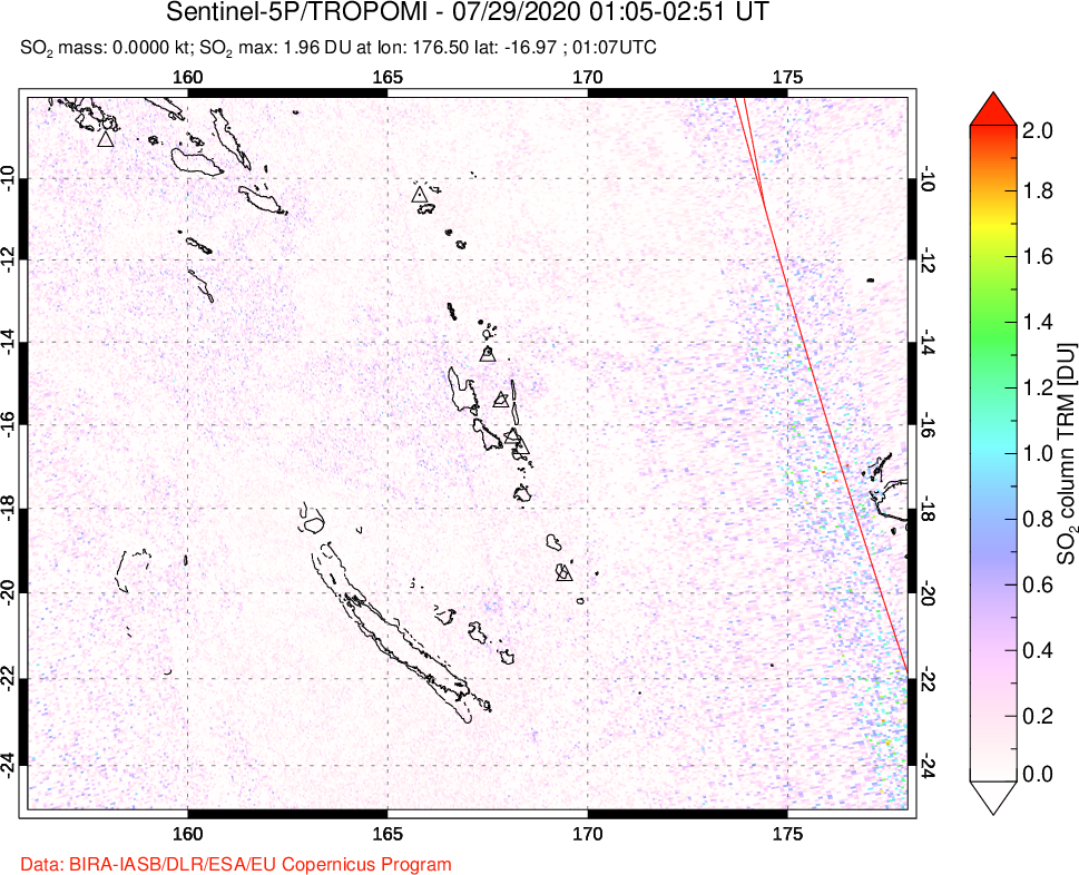 A sulfur dioxide image over Vanuatu, South Pacific on Jul 29, 2020.
