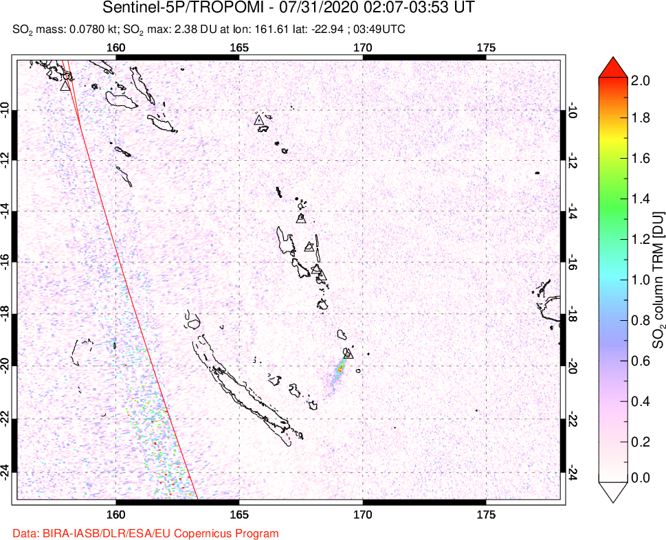A sulfur dioxide image over Vanuatu, South Pacific on Jul 31, 2020.