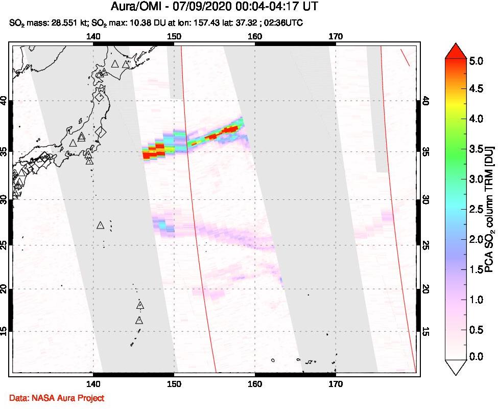 A sulfur dioxide image over Tropical Western Pacific on Jul 09, 2020.