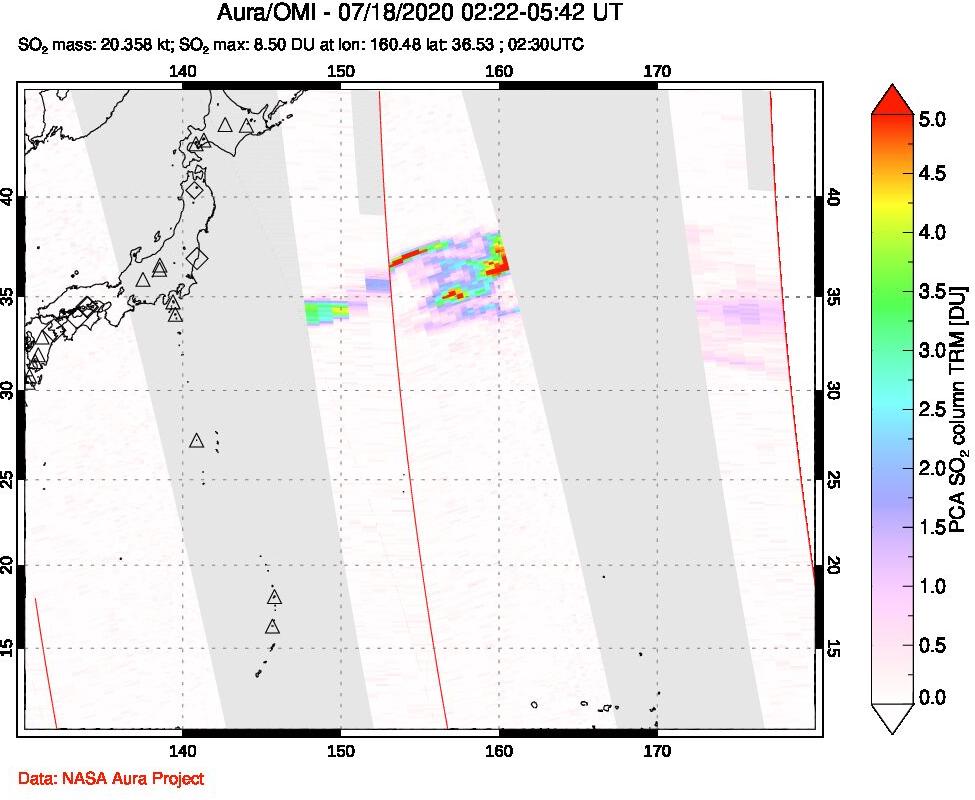 A sulfur dioxide image over Tropical Western Pacific on Jul 18, 2020.