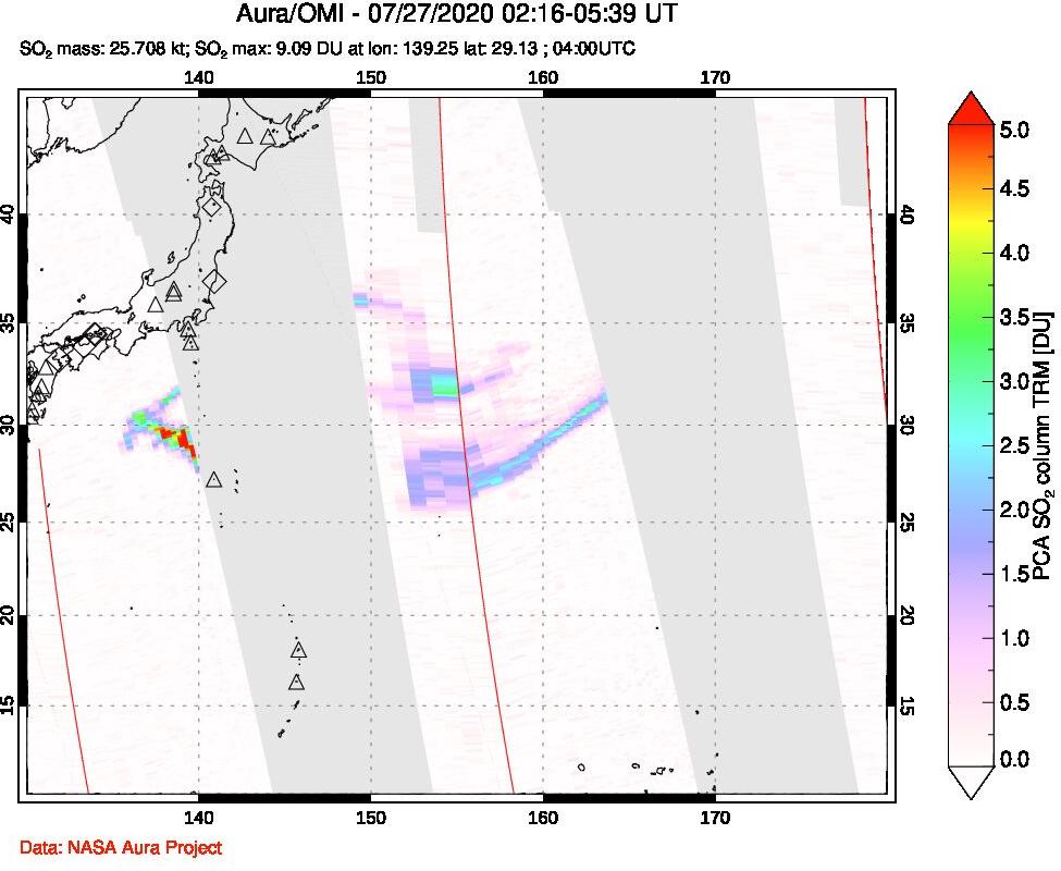 A sulfur dioxide image over Tropical Western Pacific on Jul 27, 2020.
