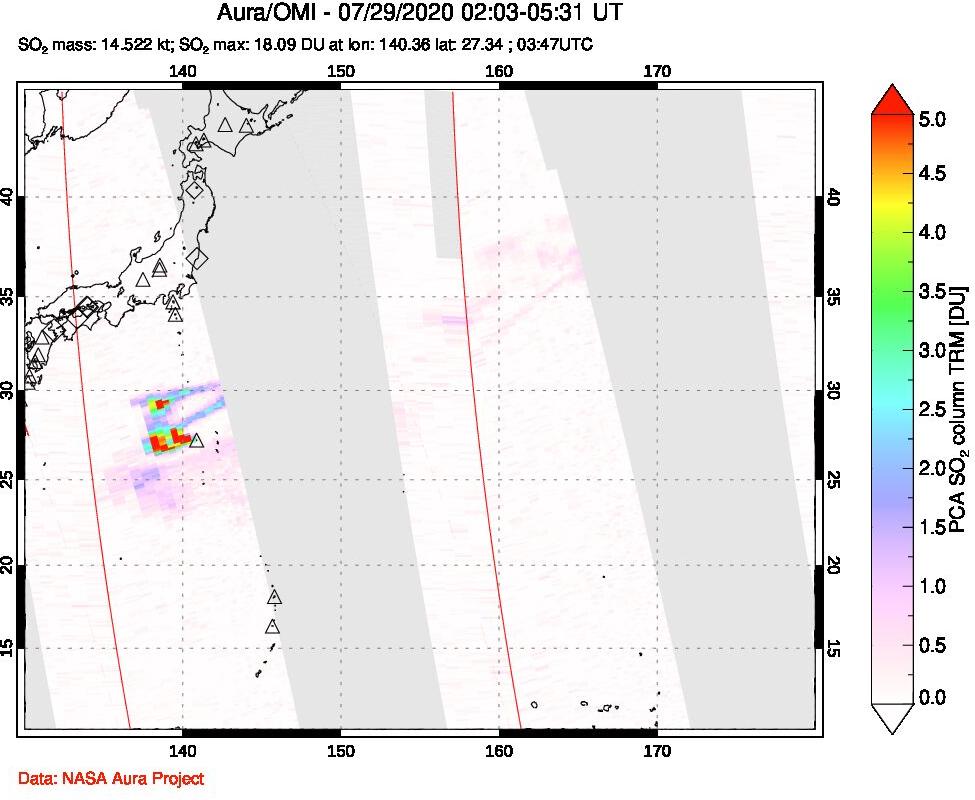 A sulfur dioxide image over Tropical Western Pacific on Jul 29, 2020.