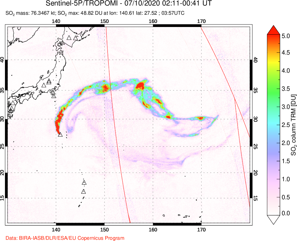 A sulfur dioxide image over Tropical Western Pacific on Jul 10, 2020.