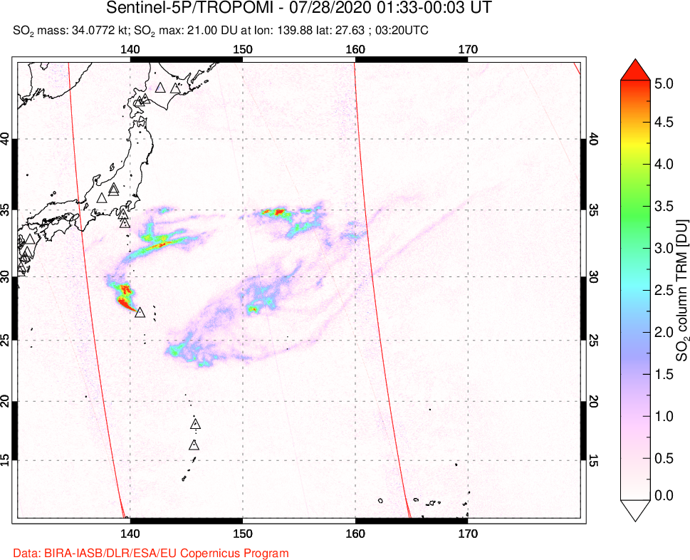 A sulfur dioxide image over Tropical Western Pacific on Jul 28, 2020.
