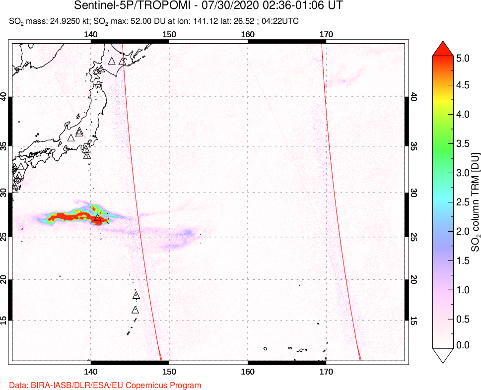 A sulfur dioxide image over Tropical Western Pacific on Jul 30, 2020.