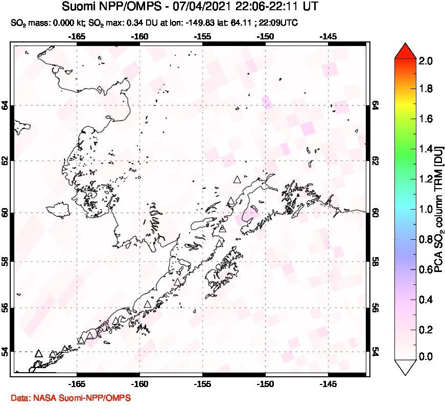 A sulfur dioxide image over Alaska, USA on Jul 04, 2021.