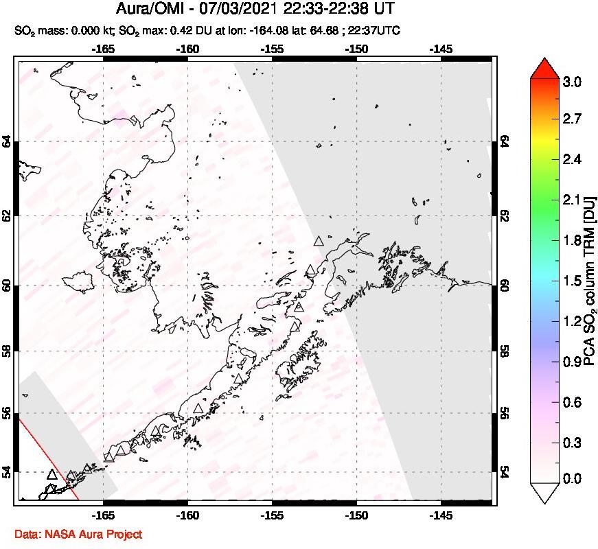 A sulfur dioxide image over Alaska, USA on Jul 03, 2021.