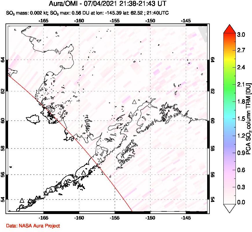 A sulfur dioxide image over Alaska, USA on Jul 04, 2021.