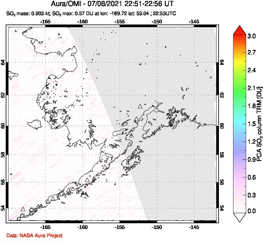 A sulfur dioxide image over Alaska, USA on Jul 08, 2021.
