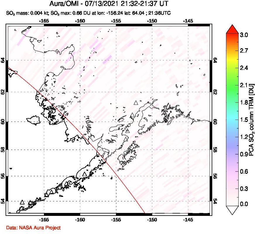 A sulfur dioxide image over Alaska, USA on Jul 13, 2021.