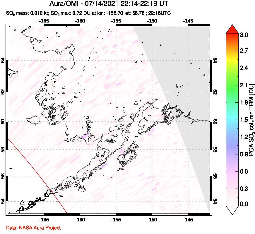 A sulfur dioxide image over Alaska, USA on Jul 14, 2021.