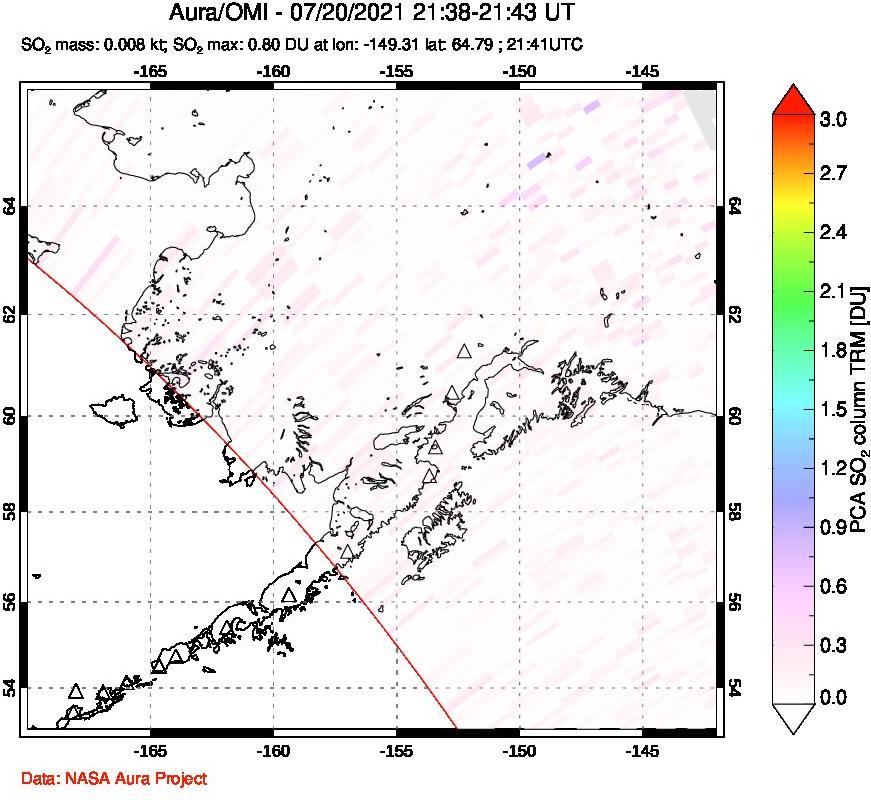 A sulfur dioxide image over Alaska, USA on Jul 20, 2021.