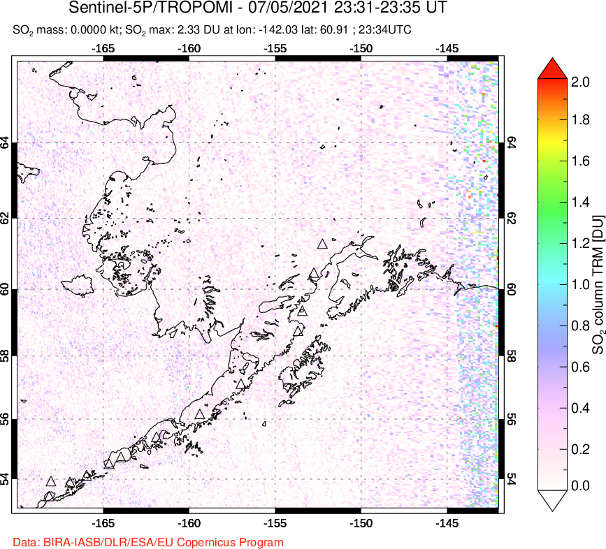 A sulfur dioxide image over Alaska, USA on Jul 05, 2021.