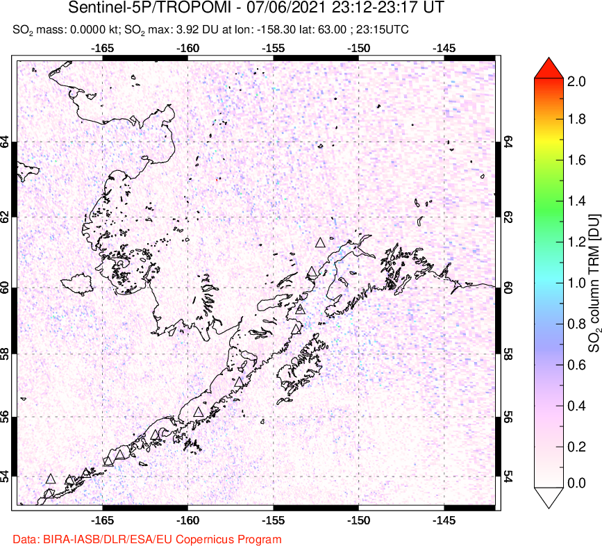 A sulfur dioxide image over Alaska, USA on Jul 06, 2021.