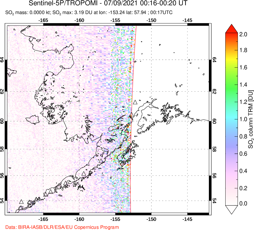 A sulfur dioxide image over Alaska, USA on Jul 09, 2021.