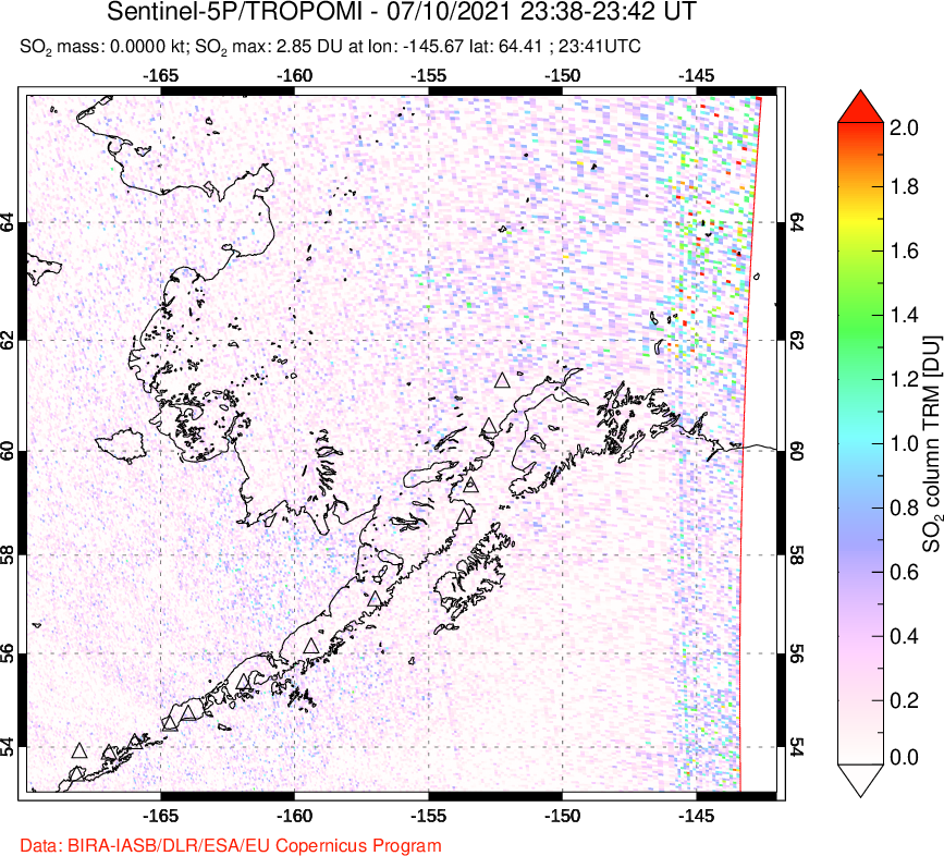 A sulfur dioxide image over Alaska, USA on Jul 10, 2021.