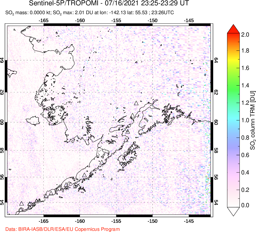 A sulfur dioxide image over Alaska, USA on Jul 16, 2021.