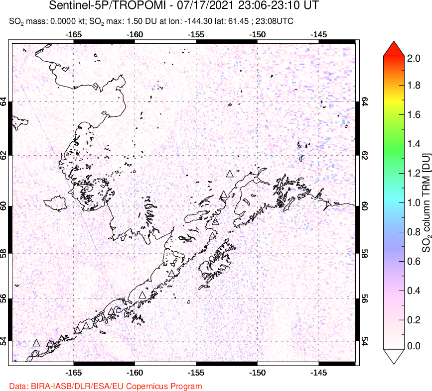 A sulfur dioxide image over Alaska, USA on Jul 17, 2021.