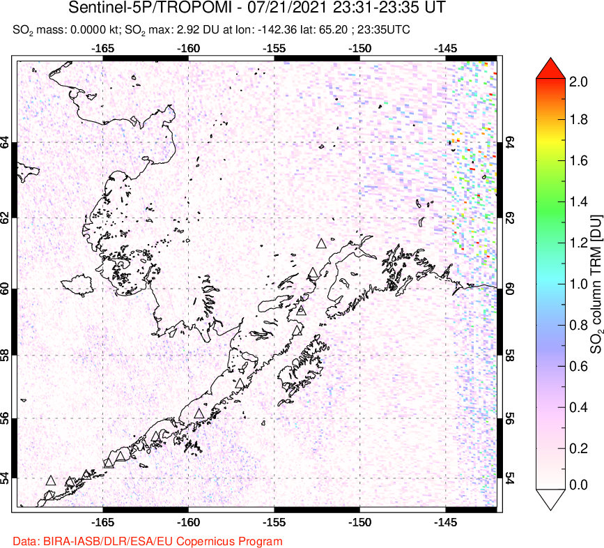 A sulfur dioxide image over Alaska, USA on Jul 21, 2021.