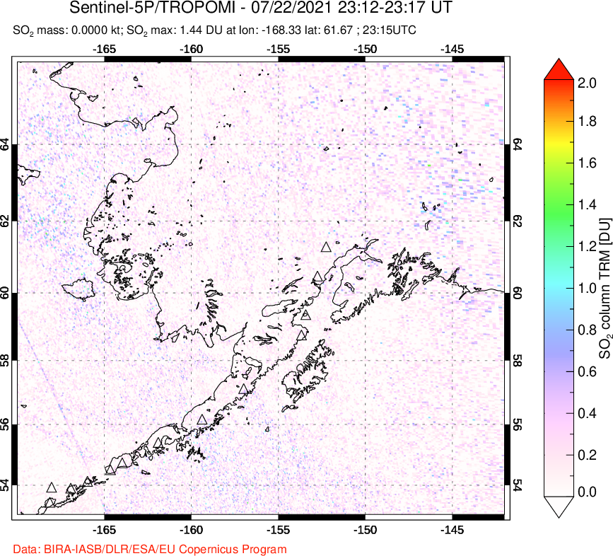 A sulfur dioxide image over Alaska, USA on Jul 22, 2021.