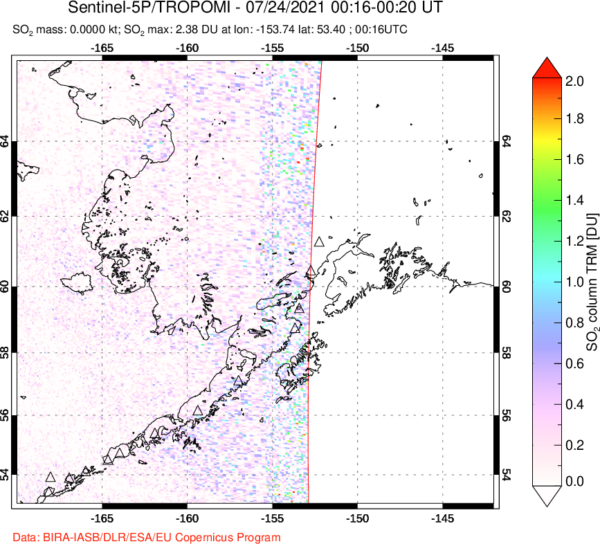 A sulfur dioxide image over Alaska, USA on Jul 24, 2021.