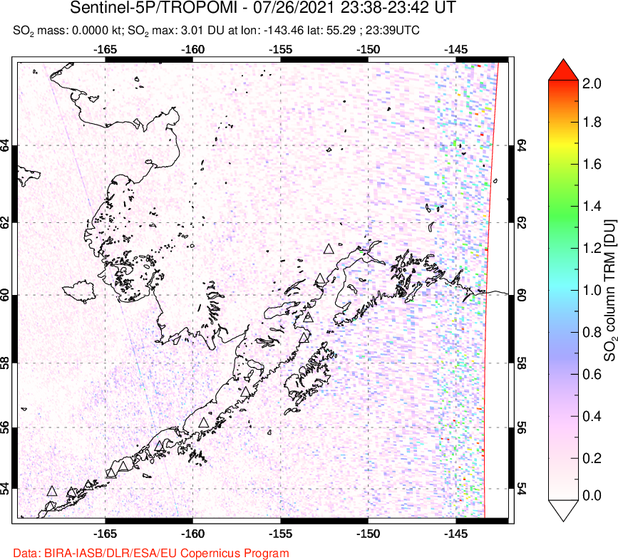 A sulfur dioxide image over Alaska, USA on Jul 26, 2021.