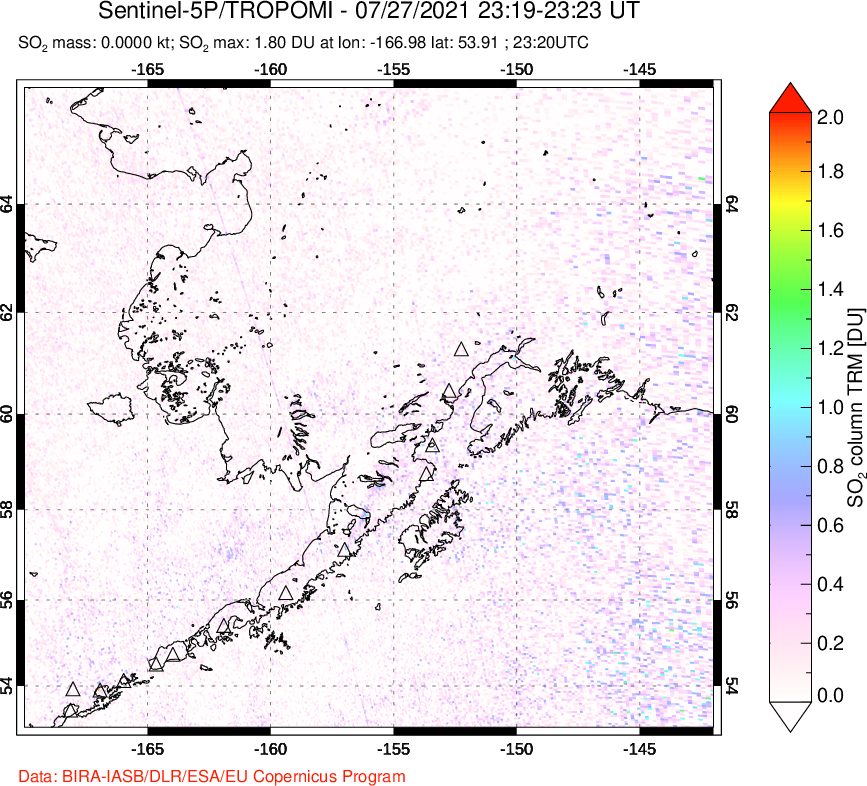 A sulfur dioxide image over Alaska, USA on Jul 27, 2021.