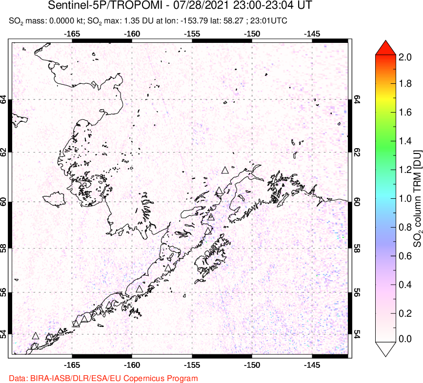 A sulfur dioxide image over Alaska, USA on Jul 28, 2021.